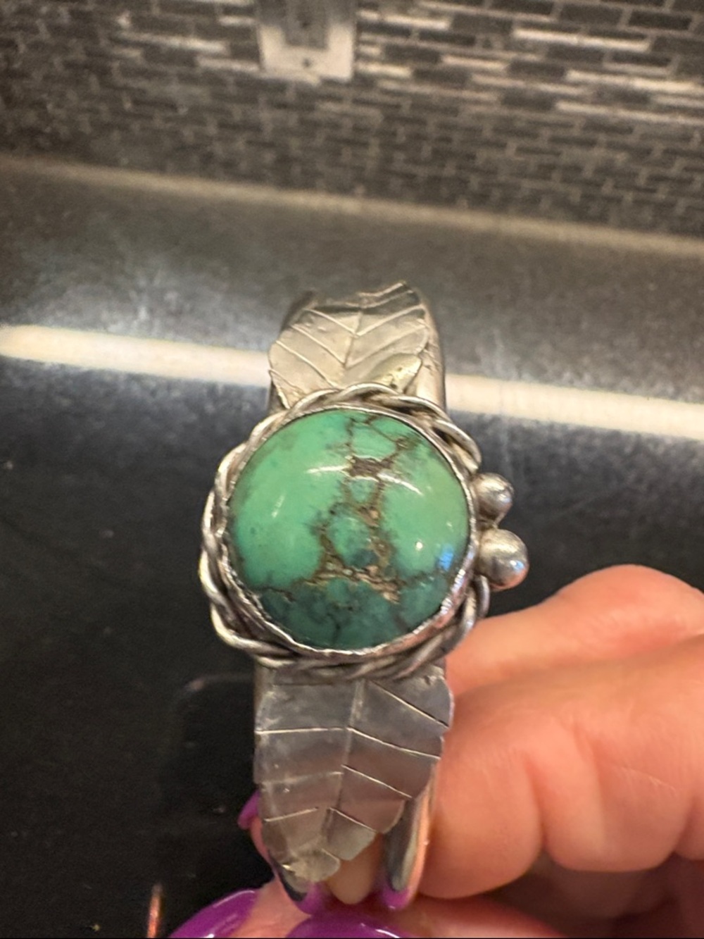 Turquoise Stone Silver Feather Cuff Bracelet - Women Jewelry - Picture 12 of 12